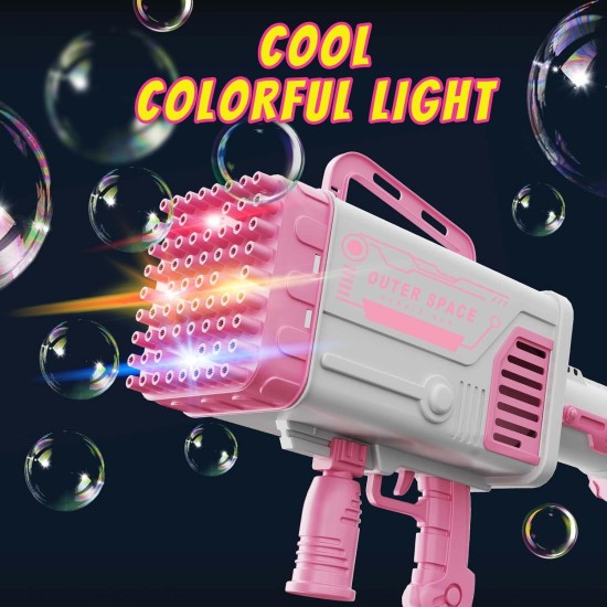 Pitpat 64 Holes Bazooka Bubble Gun, Bubble Machine Gun 5000 Bubbles per Minutes, with 2 Bubble Solution 20 Packs Concentrate - Pink