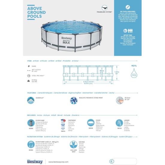 Bestway steel pro max above-ground pool complete set with filter pump, diameter 457 x 107 cm, grey, round Bestway steel pro max above-ground pool complete set with filter pump, diameter 457 x 107 cm, grey, round