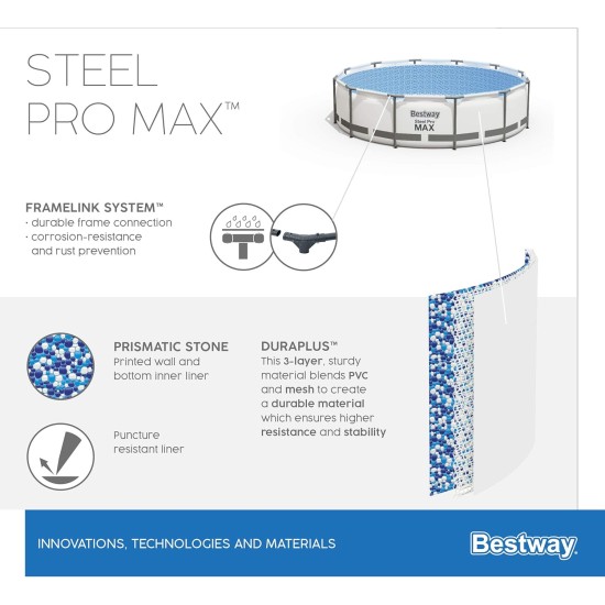 Bestway steel pro max above-ground pool complete set with filter pump, diameter 457 x 107 cm, grey, round Bestway steel pro max above-ground pool complete set with filter pump, diameter 457 x 107 cm, grey, round