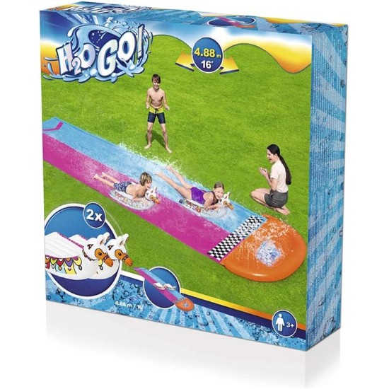Bestway H2OGO! 2er-Wasserrutsche mit aufblasbaren Lama-Schwimmtieren 487 cm Bestway H2OGO! 2er-Wasserrutsche mit aufblasbaren Lama-Schwimmtieren 487 cm