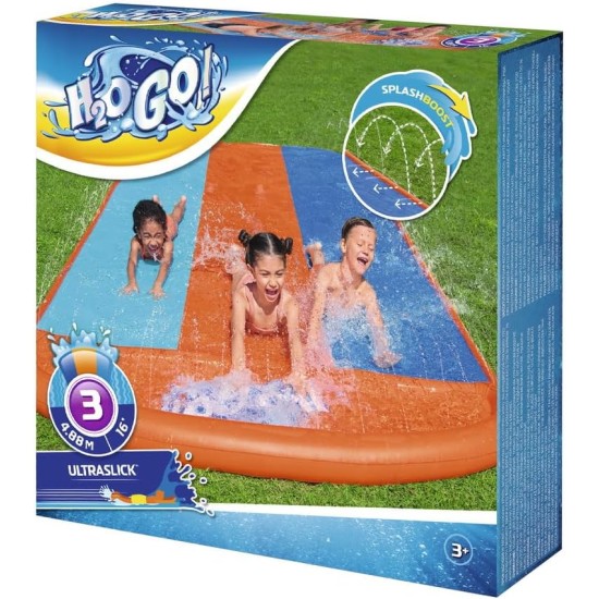 Bestway bw52329 h20go triple lane water slip and slide, 4.88m inflatable garden games with built-in sprinklers, colour Bestway bw52329 h20go triple lane water slip and slide, 4.88m inflatable garden games with built-in sprinklers, colour