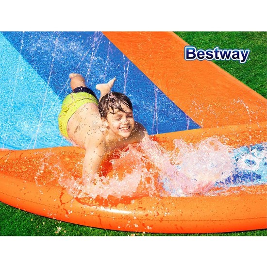 Bestway bw52329 h20go triple lane water slip and slide, 4.88m inflatable garden games with built-in sprinklers, colour Bestway bw52329 h20go triple lane water slip and slide, 4.88m inflatable garden games with built-in sprinklers, colour