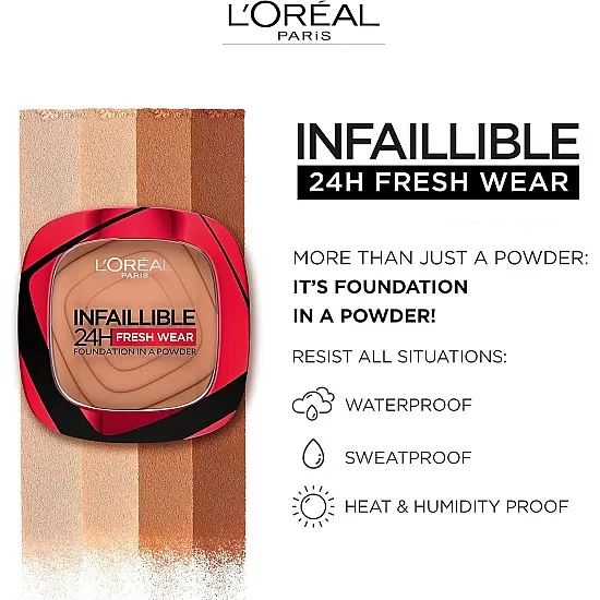 L'oreal paris foundation in a powder, longwear coverage with a mattifying finish, water- and heat-resistant, infallible 24h fresh wear, 120 vanilla