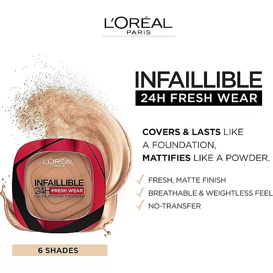 L'oreal paris foundation in a powder, longwear coverage with a mattifying finish, water- and heat-resistant, infallible 24h fresh wear, 120 vanilla