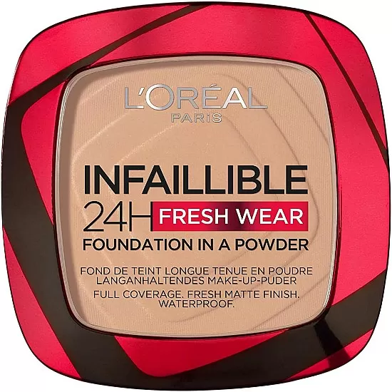 L'oreal paris foundation in a powder, longwear coverage with a mattifying finish, water- and heat-resistant, infallible 24h fresh wear, 120 vanilla