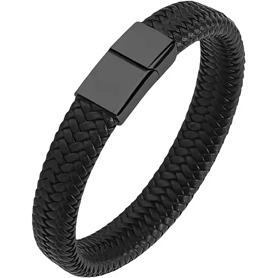 Men's Leather Bracelet Multilayer Braided Magnetic Closure Black