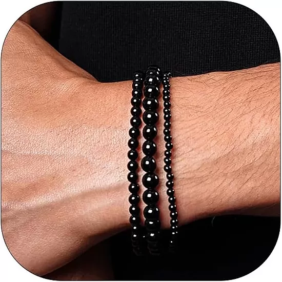 Poxtex 3Pcs Mens Bracelet Black Onyx Beaded Bracelet Set Handmade Elastic Stretch Beaded Bracelets For Men Natural Stone Healing Beads Bracelet Men Jewelry Gift For Unisex Adult Men Women