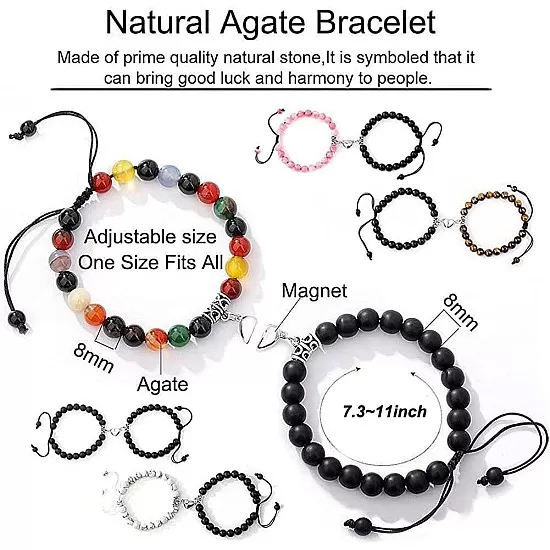 Agate Beaded Couples Matching Bracelets Magnetic Mutual Attraction Charm Bracelet Jewelry for Lover Women Mens,Vows of Eternal Love Jewlery Gift Set Friendship SUMMER LOVE, 8mm Bead&adjustable, Agate,