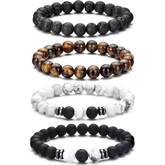 Hipwope 4Pcs Men Bracelet Set Tigers Eye Bracelet Lava Rock Bracelets Moonstone Bracelet Blue Beaded Bracelet Obsidian Bracelet Men/Women Can Wear Summer Bracelets Charm Bracelets for Women