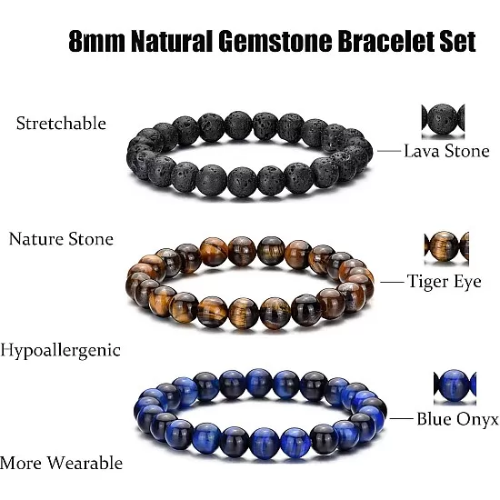 Hipwope 4Pcs Men Bracelet Set Tigers Eye Bracelet Lava Rock Bracelets Moonstone Bracelet Blue Beaded Bracelet Obsidian Bracelet Men/Women Can Wear Summer Bracelets Charm Bracelets for Women