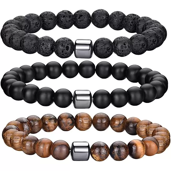 Hipwope 4Pcs Men Bracelet Set Tigers Eye Bracelet Lava Rock Bracelets Moonstone Bracelet Blue Beaded Bracelet Obsidian Bracelet Men/Women Can Wear Summer Bracelets Charm Bracelets for Women