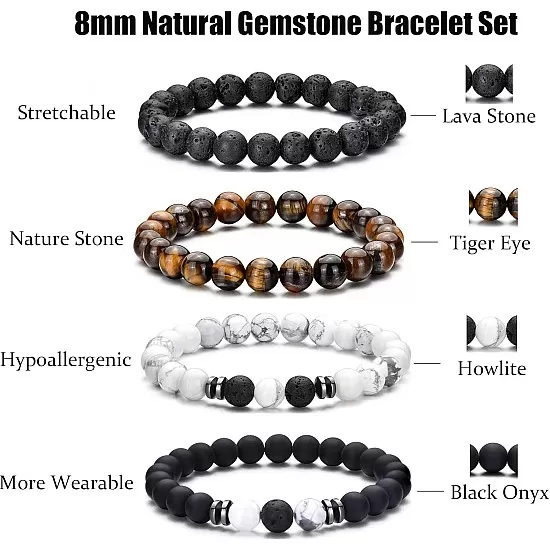 Hipwope 4Pcs Men Bracelet Set Tigers Eye Bracelet Lava Rock Bracelets Moonstone Bracelet Blue Beaded Bracelet Obsidian Bracelet Men/Women Can Wear Summer Bracelets Charm Bracelets for Women