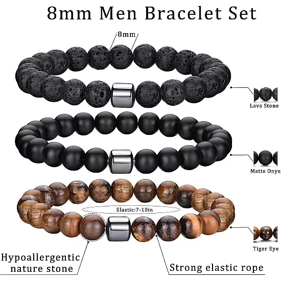 Hipwope 4Pcs Men Bracelet Set Tigers Eye Bracelet Lava Rock Bracelets Moonstone Bracelet Blue Beaded Bracelet Obsidian Bracelet Men/Women Can Wear Summer Bracelets Charm Bracelets for Women