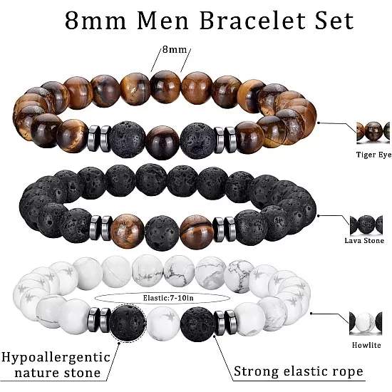 Hipwope 4Pcs Men Bracelet Set Tigers Eye Bracelet Lava Rock Bracelets Moonstone Bracelet Blue Beaded Bracelet Obsidian Bracelet Men/Women Can Wear Summer Bracelets Charm Bracelets for Women