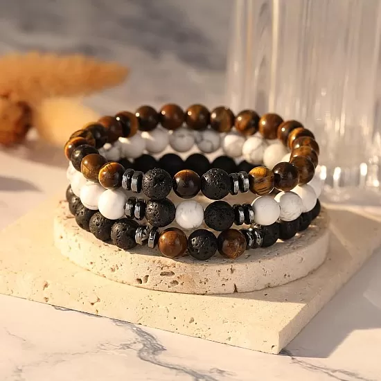 Hipwope 4Pcs Men Bracelet Set Tigers Eye Bracelet Lava Rock Bracelets Moonstone Bracelet Blue Beaded Bracelet Obsidian Bracelet Men/Women Can Wear Summer Bracelets Charm Bracelets for Women