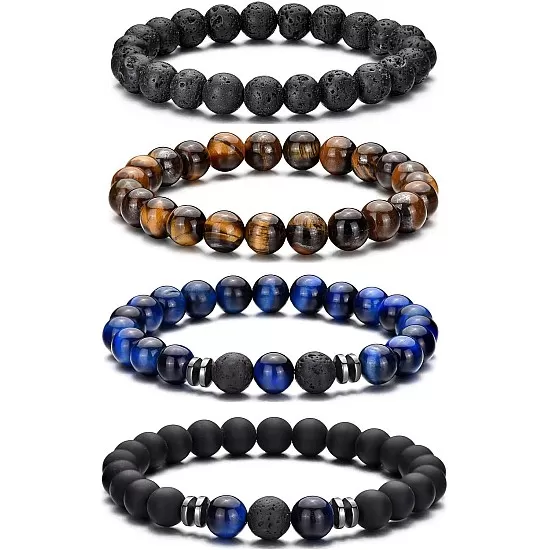 Hipwope 4Pcs Men Bracelet Set Tigers Eye Bracelet Lava Rock Bracelets Moonstone Bracelet Blue Beaded Bracelet Obsidian Bracelet Men/Women Can Wear Summer Bracelets Charm Bracelets for Women