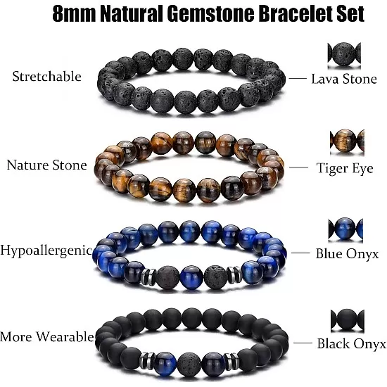 Hipwope 4Pcs Men Bracelet Set Tigers Eye Bracelet Lava Rock Bracelets Moonstone Bracelet Blue Beaded Bracelet Obsidian Bracelet Men/Women Can Wear Summer Bracelets Charm Bracelets for Women