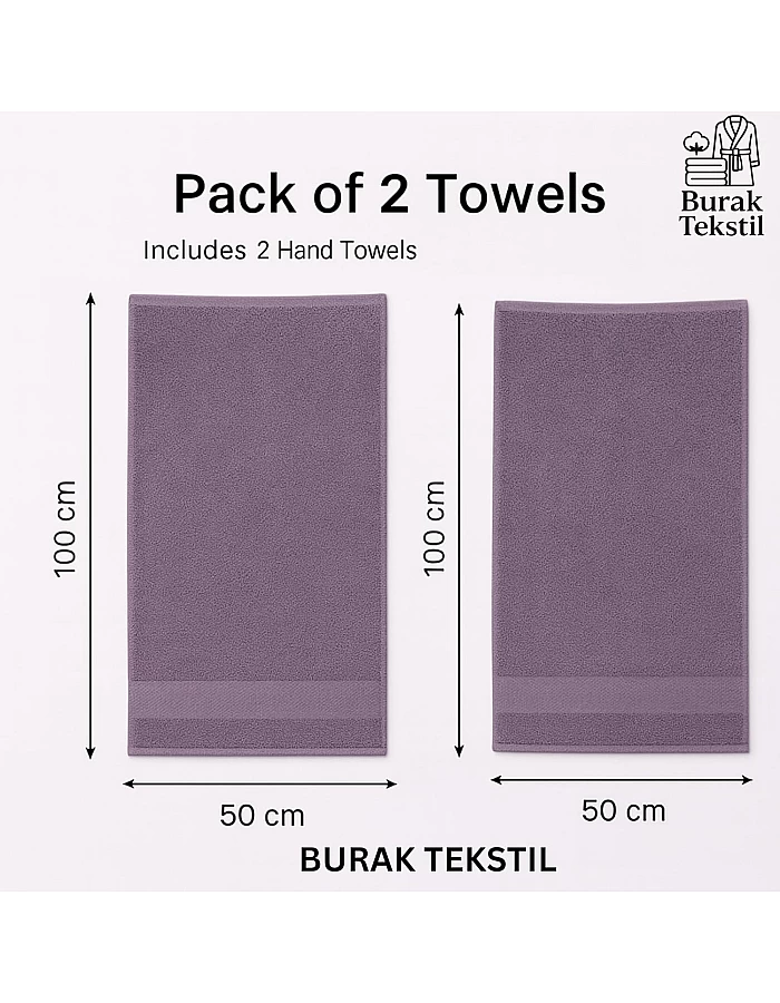 Burak Tekstil 2-Pieces Towel, 100% Cotton, Hand Towel 100 * 50 cm (Purple, Hand Towel (100 * 50 cm))
