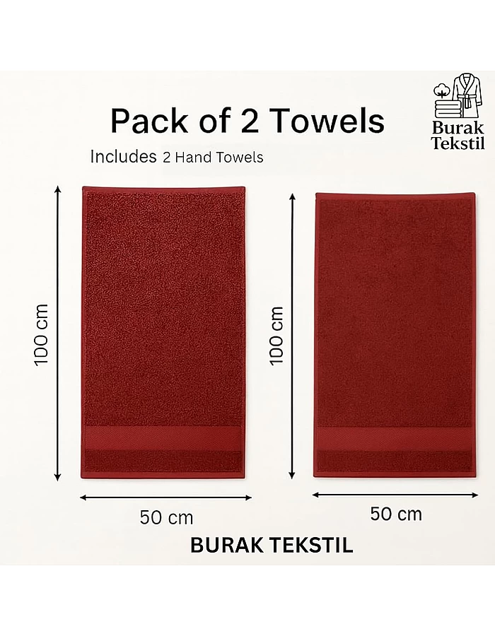 Burak Tekstil 2-Pieces Towels, 100% Cotton, Hand Towel 100 * 50 cm (Barn Red, Hand Towel (100 * 50 cm))