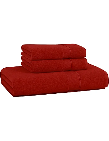 Burak Tekstil 3 Piece Egyptian Cotton Bath Towels Set with Jacquard Leaf Border - 1 Large Hand Towel 100x50 cm and 2 Face Towels 30x30 cm - Highly Absorbent (Red, 1 Hand Towel + 2 Face Towels)