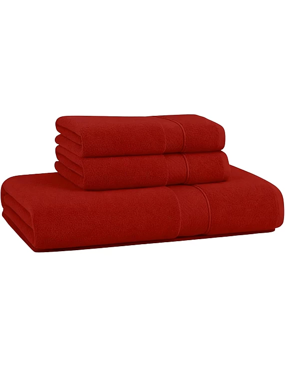 Burak Tekstil 3 Piece Egyptian Cotton Bath Towels Set with Jacquard Leaf Border - 1 Large Hand Towel 100x50 cm and 2 Face Towels 30x30 cm - Highly Absorbent (Red, 1 Hand Towel + 2 Face Towels)