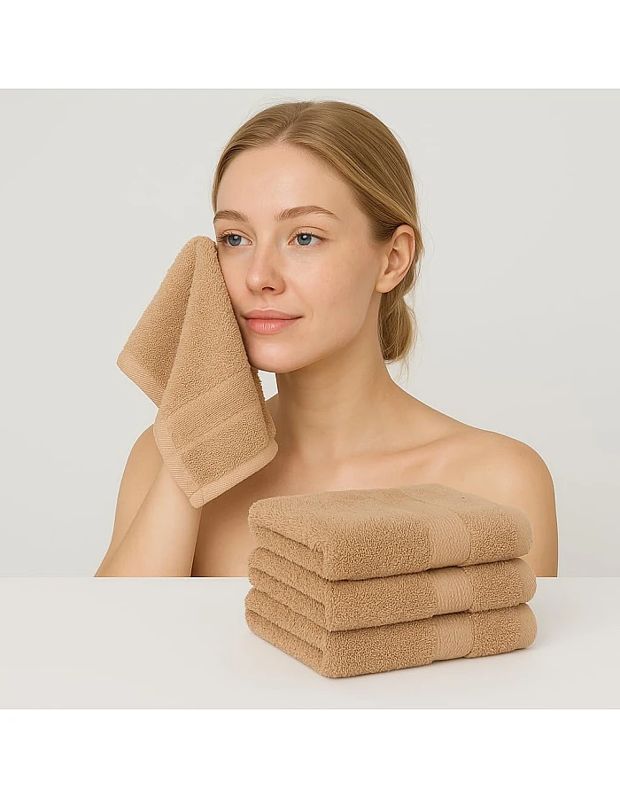 Burak Tekstil Cotton Towel Set, 4 Pieces of Face Towel 30 x 30 cm, Ultra Soft, Highly Absorbent (Beige, 4 Face Towels (30 x 30))