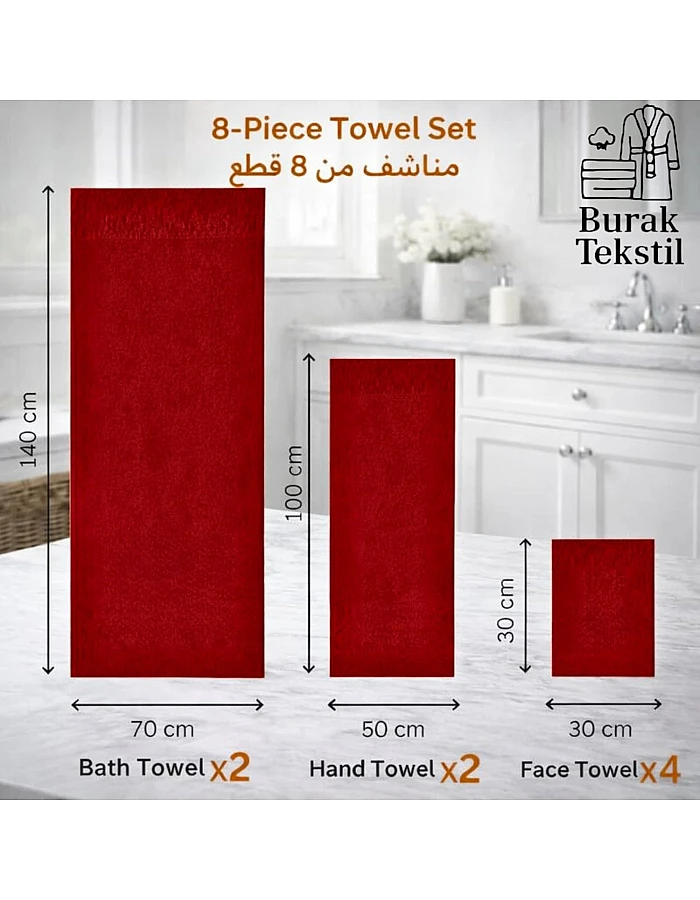 Burak Tekstil Egyptian Cotton Towel Set, 8-Piece, 2 Bath, 2 Hand, 4 Face Towels, Ultra Soft, Highly Absorbent (Barn Red)