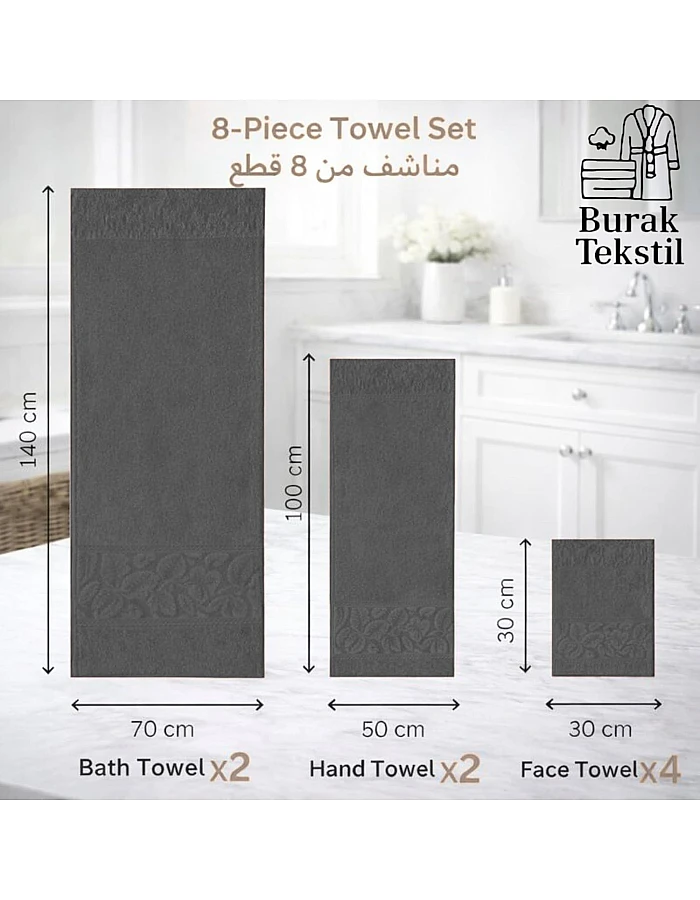 Burak Tekstil Egyptian Cotton Towel Set, 8-Piece, 2 Bath, 2 Hand, 4 Face, Ultra Soft, Highly Absorbent (Gray)