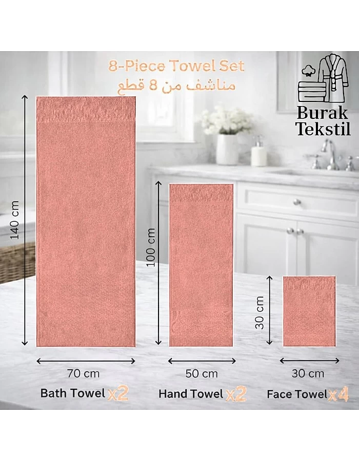 Burak Tekstil Egyptian Cotton Towel Set, 8-Piece, 2 Bath, 2 Hand, 4 Face, Ultra Soft, Highly Absorbent (Kashmere)