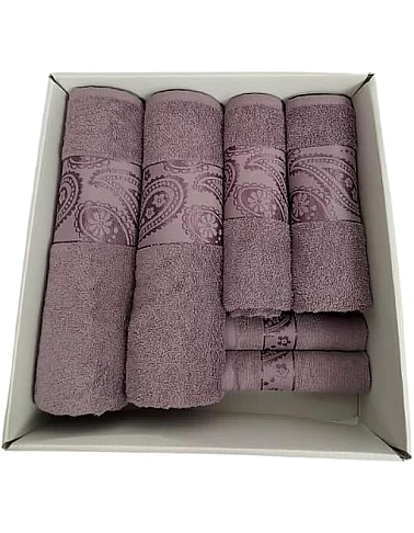 Burak Tekstil Soft Linen Luxury 6 Piece Towel Set, 2 Bath Towels 2 Hand Towels 2 Washcloths, 100% Cotton Towels for Bathroom, Towel Sets (6, Muave Model 2)