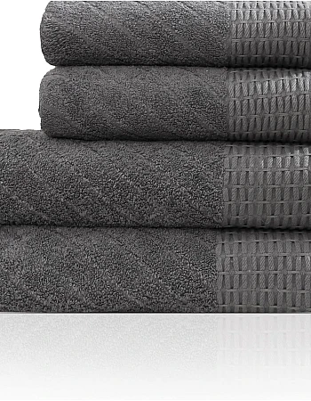Premium Quality Cotton Bath Towel Set, Pack of 4 Pieces (Different Sizes), Ribbed Design Ultra Soft and Highly Absorbent Towels, Ideal for Hotel, Spa and Everyday Bathroom Use (Grey)