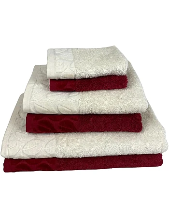 Sol Suave 6 Pieces Bath Towel Set, 100% Cotton, Hotel Quality Towels, 2 Bath Towels 70 * 140 cm, 2 Hand Towels 50 * 100 cm, 2 Washcloths 30 * 30 cm (Barn-red/Off-White)
