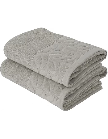 Sol Suave Cotton Bath Towels, 2 Pieces, 140x70 cm, Ultra Soft with Jacquard Leaf Pattern, High Water Absorption, (Silver, 2 Bath Towels 140x70 cm)