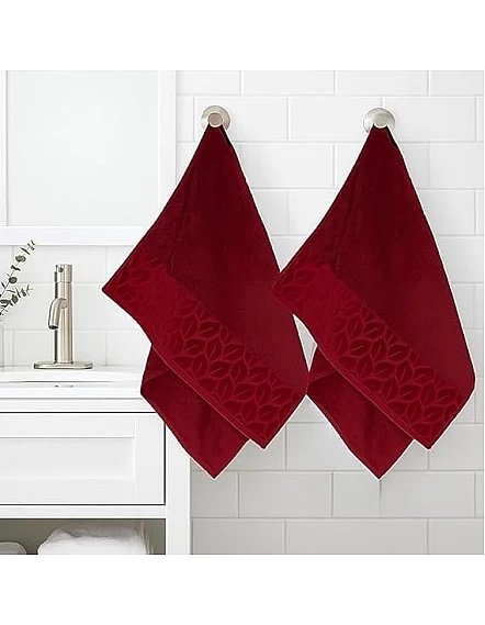 Sol Suave Cotton Hand Towels, 2 Pieces, 100x50 cm, Ultra Soft, Elegant Jacquard Leaf Pattern, High Water Absorption (Barn Red, 2 Hand Towels 100x50 cm)