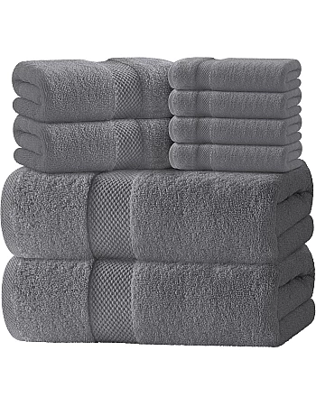 White Classic 8 Piece Egyptian Cotton Towel Set - 2 Large Bath, 2 Thick Hand, 4 Face - Charcoal Grey, Super Absorbent