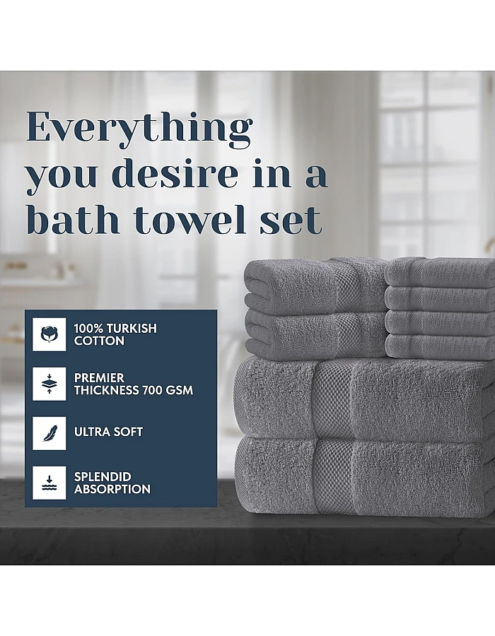 White Classic 8 Piece Egyptian Cotton Towel Set - 2 Large Bath, 2 Thick Hand, 4 Face - Charcoal Grey, Super Absorbent