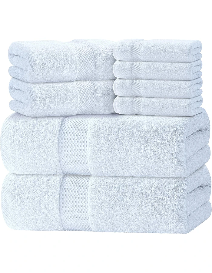 White Classic 8 Piece Egyptian Cotton Towel Set - 2 Large Bath, 2 Thick Hand, 4 Face - Charcoal Grey, Super Absorbent
