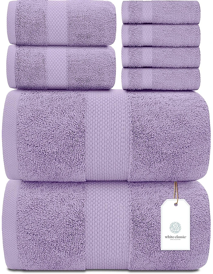 White Classic 8 Piece Egyptian Cotton Towel Set - 2 Large Bath, 2 Thick Hand, 4 Face - Charcoal Grey, Super Absorbent