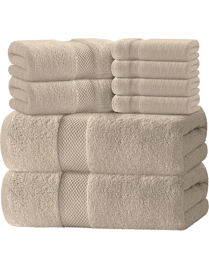 White Classic 8 Piece Egyptian Cotton Towel Set - 2 Large Bath, 2 Thick Hand, 4 Face - Charcoal Grey, Super Absorbent