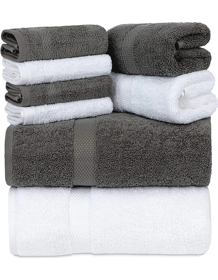 White Classic 8 Piece Egyptian Cotton Towel Set - 2 Large Bath, 2 Thick Hand, 4 Face - Charcoal Grey, Super Absorbent