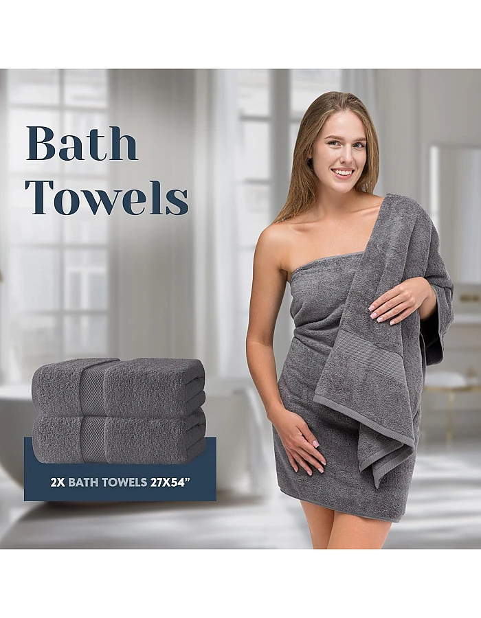 White Classic 8 Piece Egyptian Cotton Towel Set - 2 Large Bath, 2 Thick Hand, 4 Face - Charcoal Grey, Super Absorbent