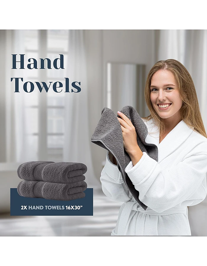 White Classic 8 Piece Egyptian Cotton Towel Set - 2 Large Bath, 2 Thick Hand, 4 Face - Charcoal Grey, Super Absorbent