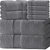 White Classic 8 Piece Egyptian Cotton Towel Set - 2 Large Bath, 2 Thick Hand, 4 Face - Charcoal Grey, Super Absorbent