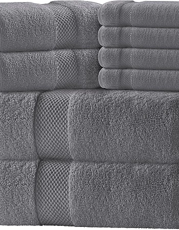 White Classic 8 Piece Egyptian Cotton Towel Set - 2 Large Bath, 2 Thick Hand, 4 Face - Charcoal Grey, Super Absorbent