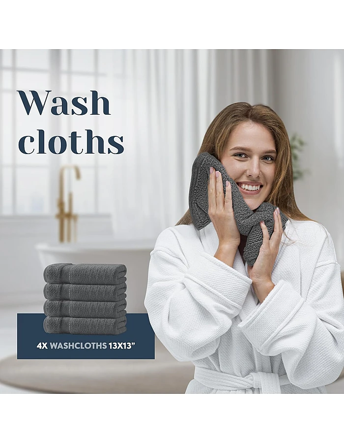 White Classic 8 Piece Egyptian Cotton Towel Set - 2 Large Bath, 2 Thick Hand, 4 Face - Charcoal Grey, Super Absorbent