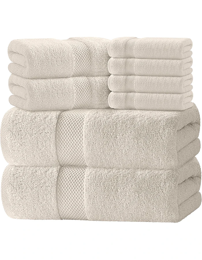 White Classic 8 Piece Egyptian Cotton Towel Set - 2 Large Bath, 2 Thick Hand, 4 Face - Charcoal Grey, Super Absorbent
