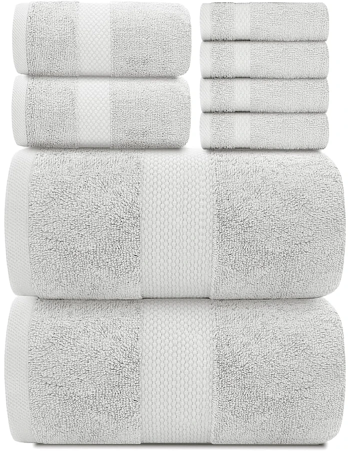 White Classic 8 Piece Egyptian Cotton Towel Set - 2 Large Bath, 2 Thick Hand, 4 Face - Charcoal Grey, Super Absorbent