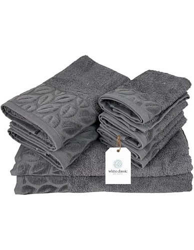 White Classic Cotton Bath Towel Set, 8-Piece, 700 GSM, 2 Bath Towels, 2 Hand Towels, 4 Washcloths (Gray)