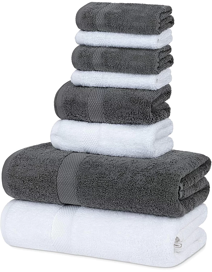 White Classic Luxury Bath Towel Set - Combed Cotton Hotel Quality Absorbent 8 Piece Towels | 2 Bath Towels | 2 Hand Towels | 4 Washcloths [Worth $72.95] 8 Pack | (4Grey/4White, 8Pc)