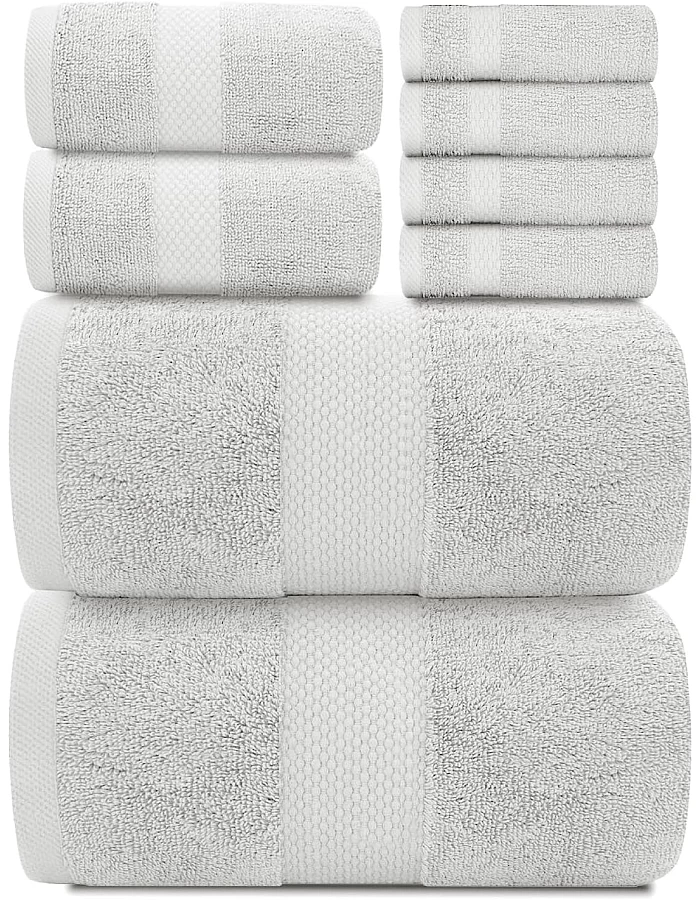 White Classic Luxury Bath Towel Set - Combed Cotton Hotel Quality Absorbent 8 Piece Towels | 2 Bath Towels | 2 Hand Towels | 4 Washcloths [Worth $72.95] 8 Pack | (4Grey/4White, 8Pc)